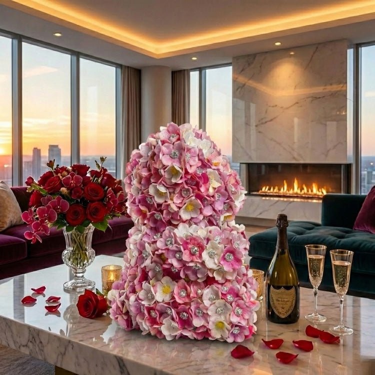 A side profile of a handmade pink and white flower teddy bear with crystal details, displayed as a romantic centerpiece next to a fireplace.
