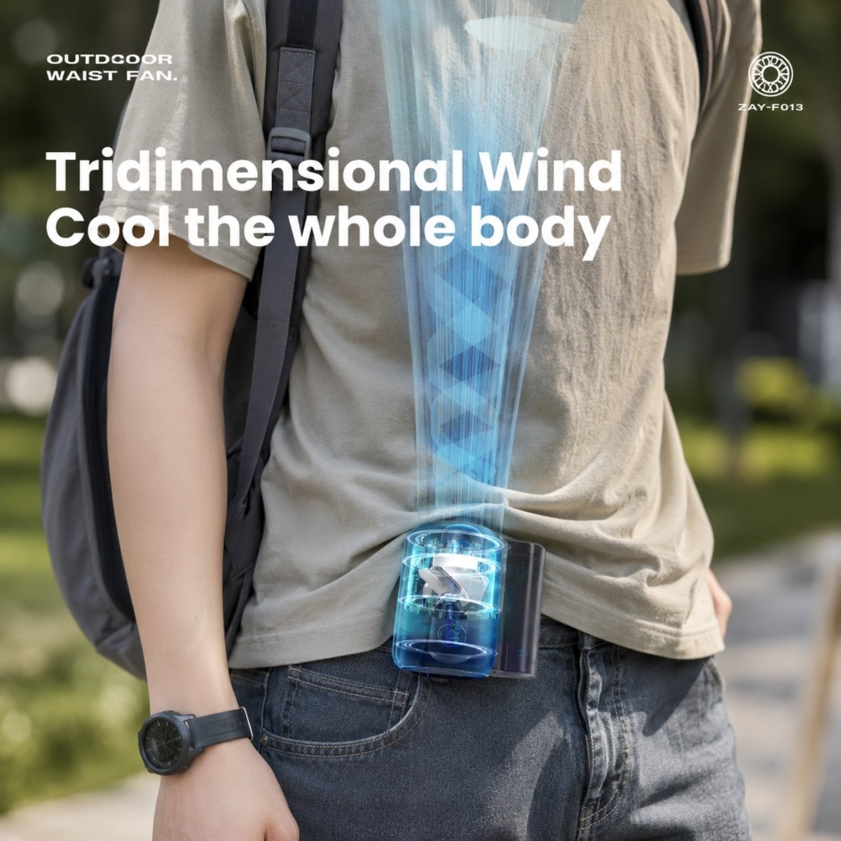 Person wearing the waist fan on their belt demonstrating hands-free cooling airflow under their shirt.