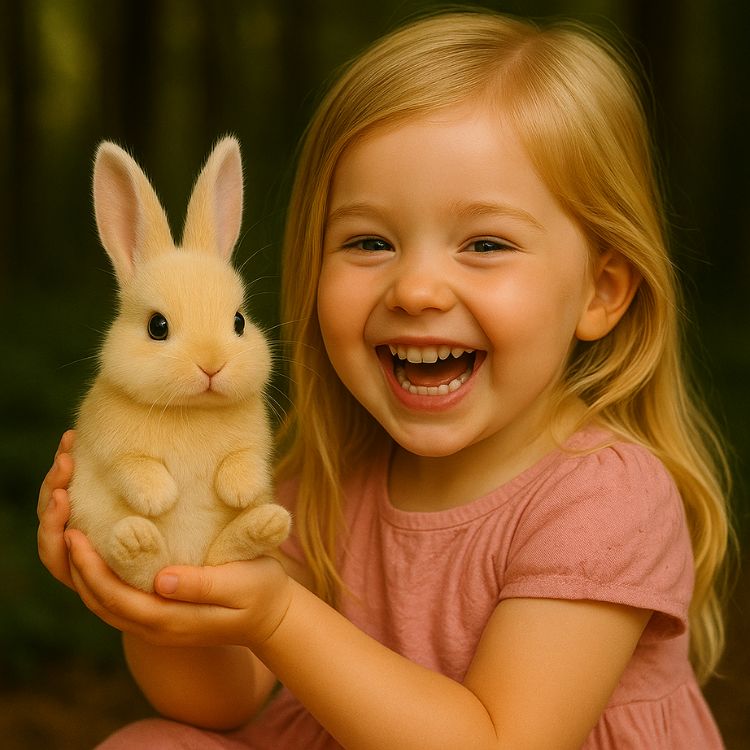 A joyful young girl with blonde hair laughing while holding a small golden-yellow Kouvr animatronic bunny toy.
