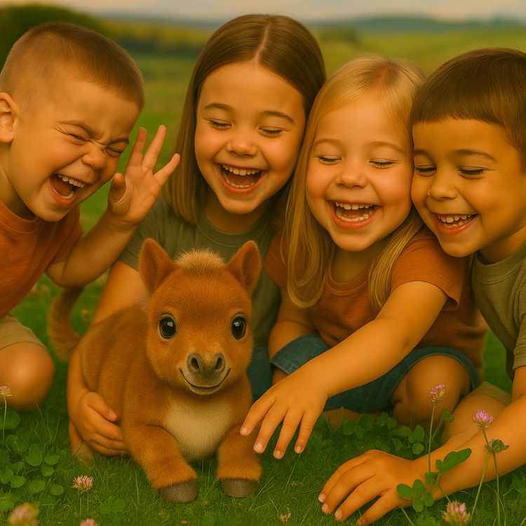 A group of four diverse young children laughing joyfully as they gather around and pet the small brown Kouvr interactive pony toy in a field of clover.