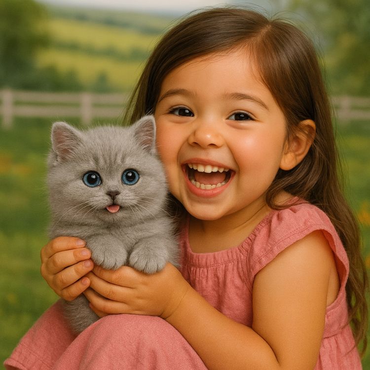 A smiling young girl in a pink dress happily holding the small grey Kouvr interactive robot kitten.