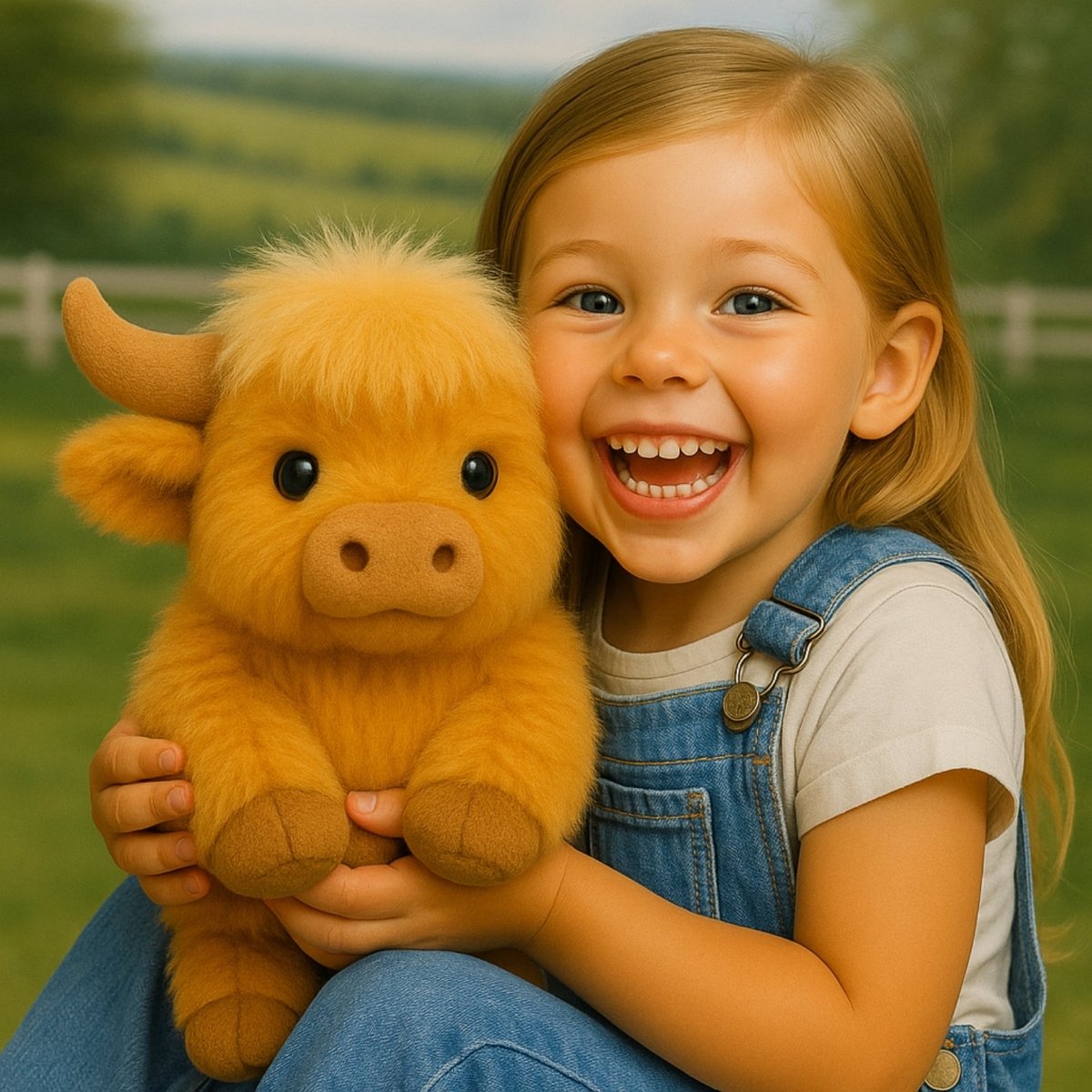 A joyful young girl in denim overalls laughing while tightly hugging her adorable Kouvr Highland Cow weighted plush toy.