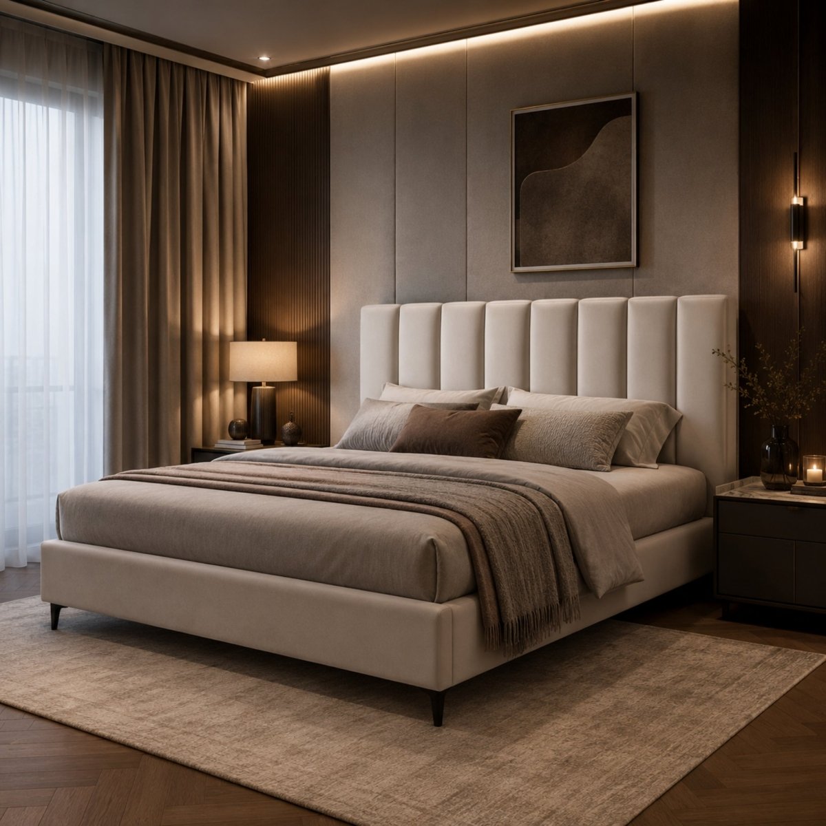 Linen upholstered bed with vertical channel tufted headboard elegantly styled in a modern luxury bedroom setting.