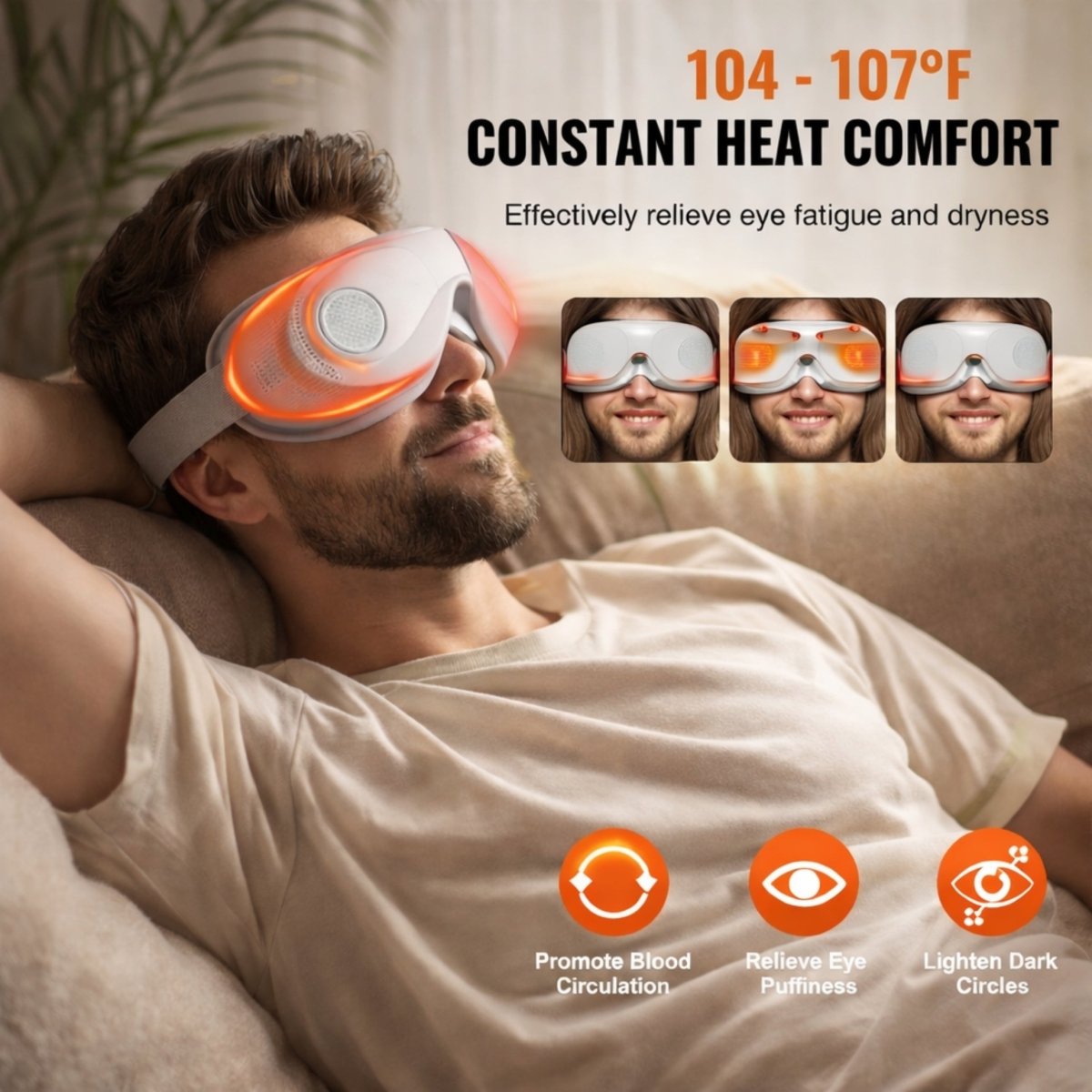 Man using the KVOUR eye massager demonstrating the 104 to 107 degree constant heat therapy designed to relieve eye fatigue and dryness.