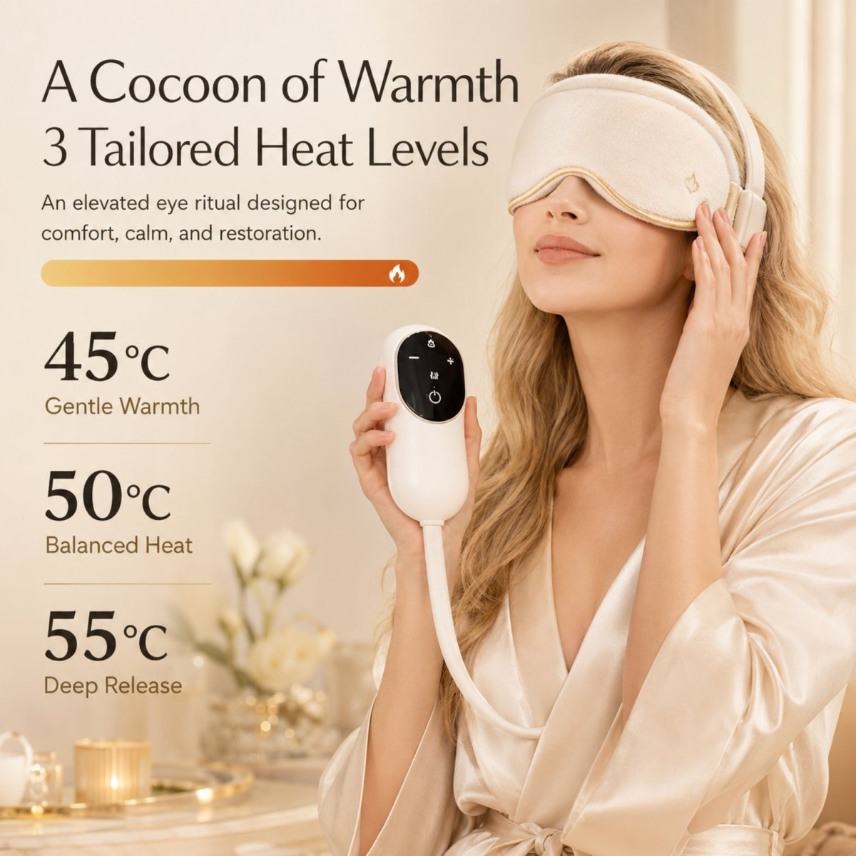 Infographic diagram of a woman wearing a plush beige heated eye massager with descriptions of 45 degree gentle warmth, 50 degree balanced heat, and 55 degree deep release levels.