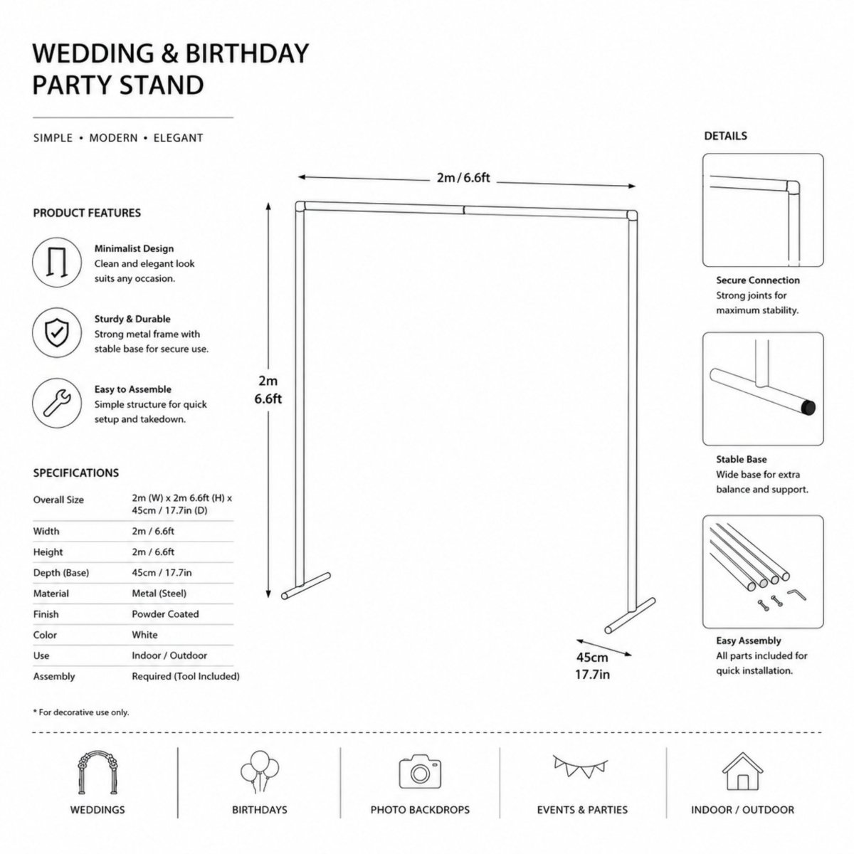 Detailed diagram showing specifications, dimensions of 6.6 by 6.6 feet, and easy assembly features of the white metal event stand.