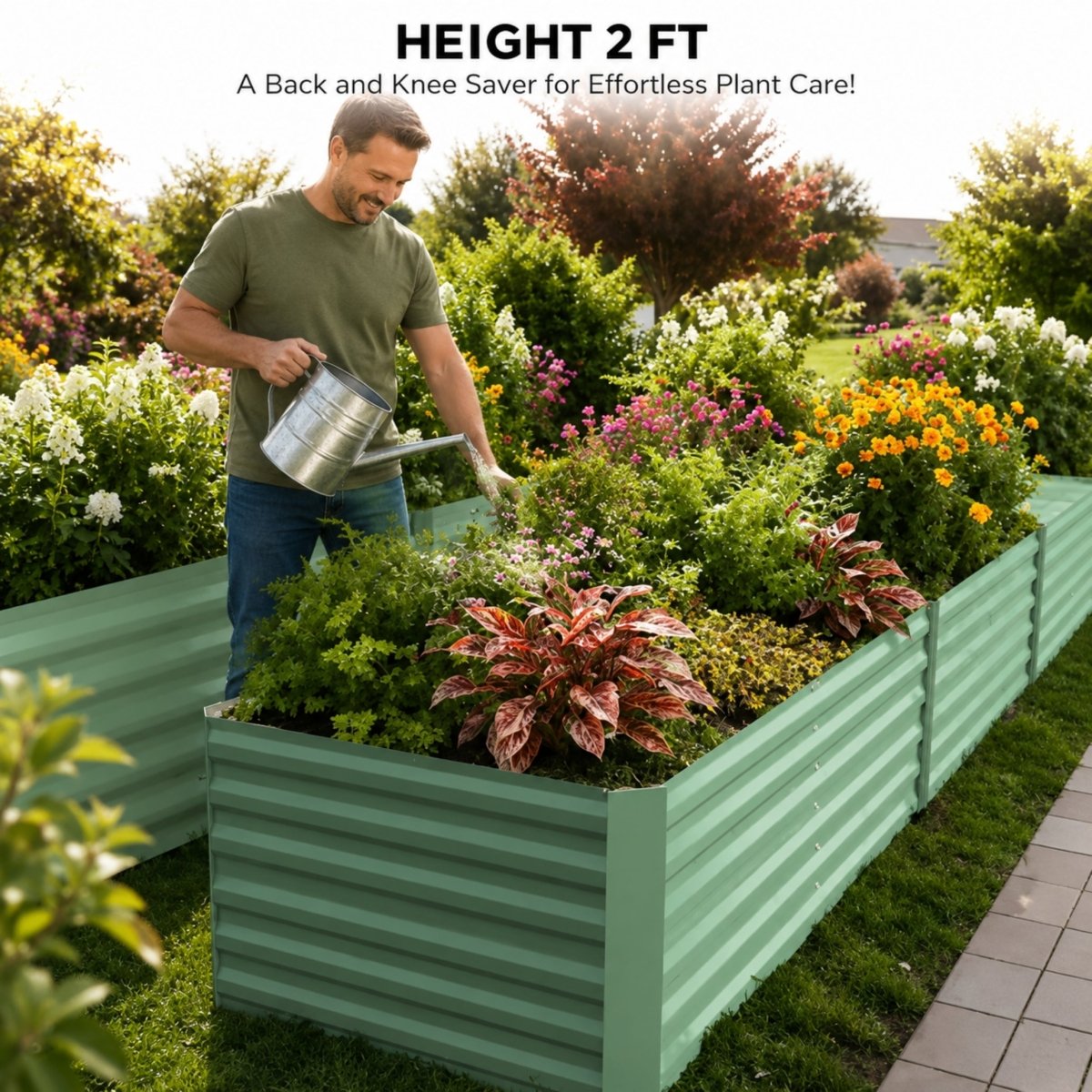 Man comfortably watering a lush vegetable and flower garden in an elevated 2ft tall Kouvr galvanized steel planter.