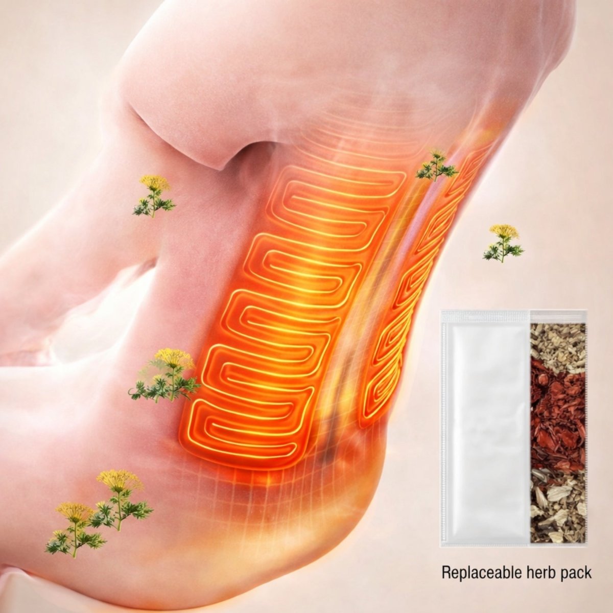 Infographic highlighting targeted heated neck and shoulder massage featuring a proprietary replaceable botanical herb pack for deep muscle relief.