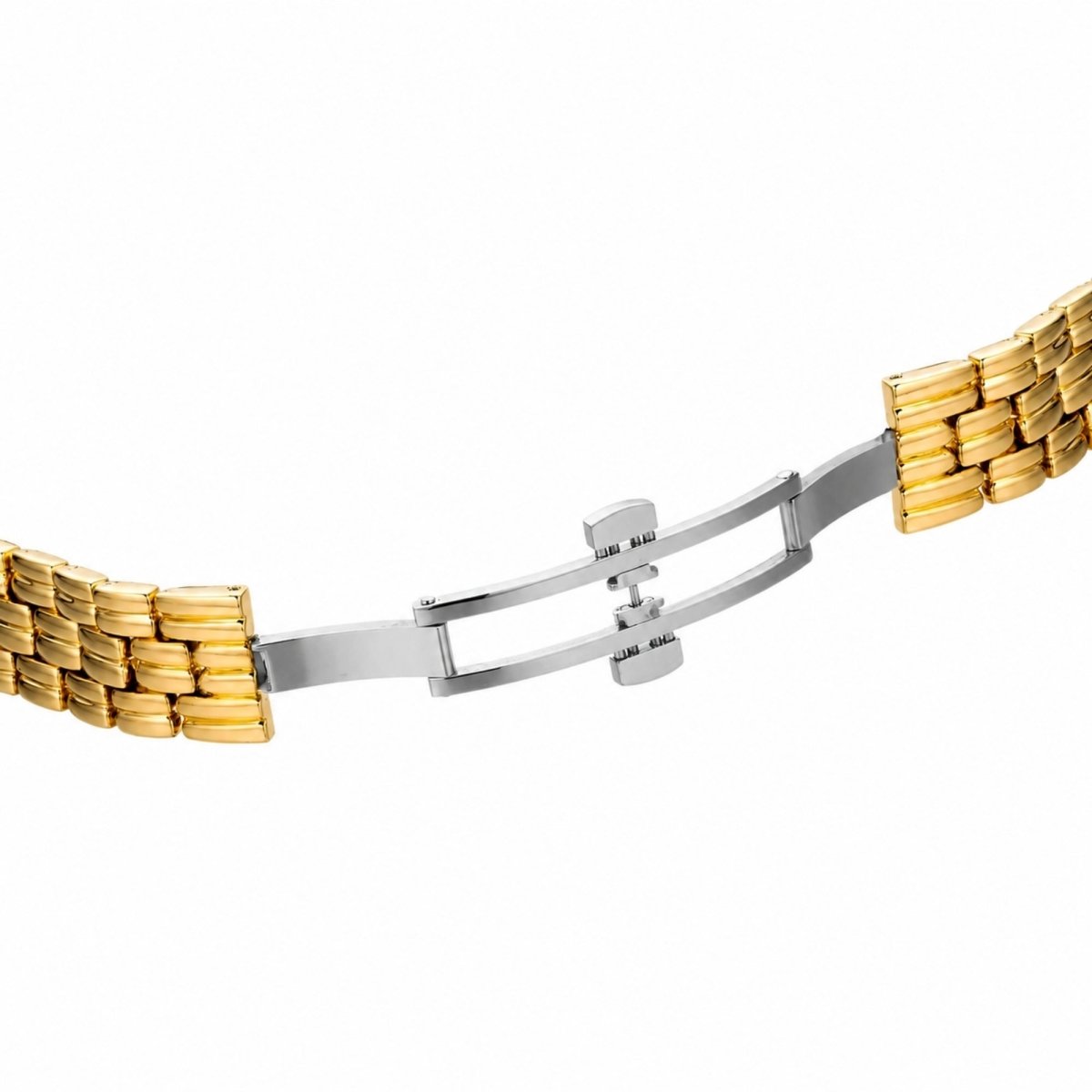 Detail shot of the open dual-push hidden butterfly deployment clasp on a women's premium gold-tone link watch bracelet.