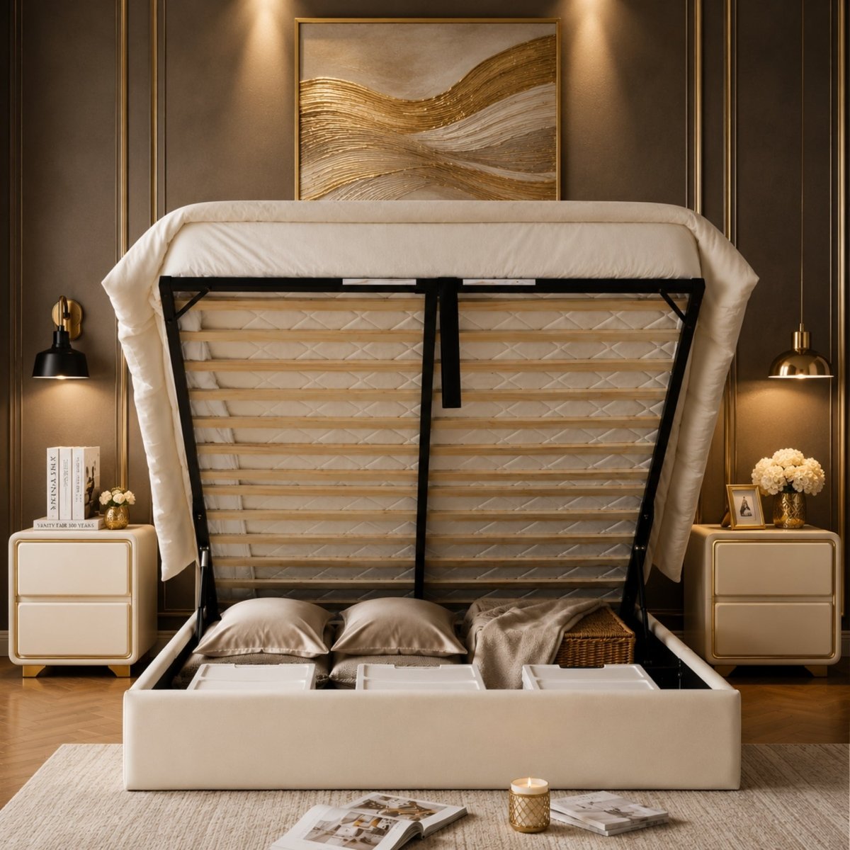 Front-facing view of an open lift-up storage bed frame, highlighting the spacious internal compartments perfectly organized with blankets and seasonal items.