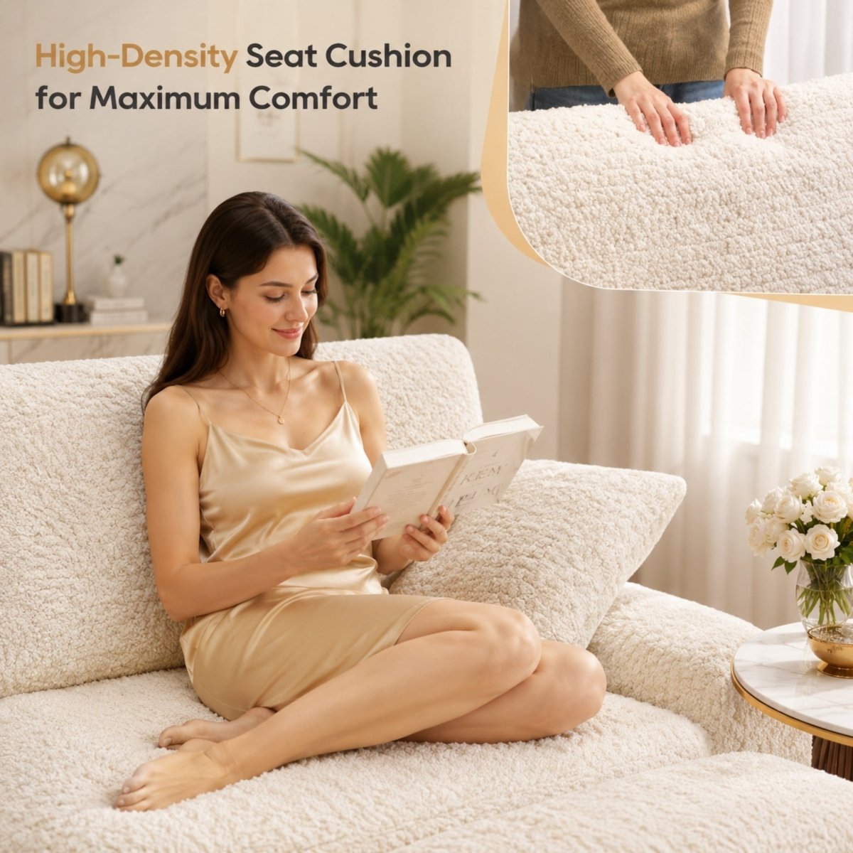  Close-up demonstration of a hand pressing into the premium high-density memory foam seat cushion of a textured white teddy fleece couch.