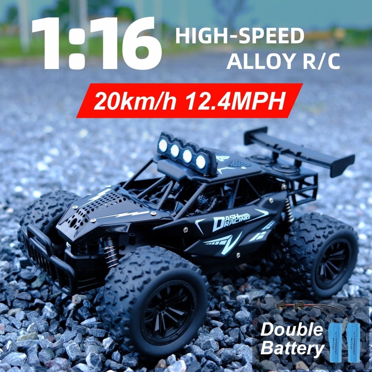 Promotional image of the black Dash Racing RC car on gravel with text overlay highlighting '1:16 HIGH-SPEED ALLOY R/C', '20km/h 12.4MPH', and 'Double Battery'.