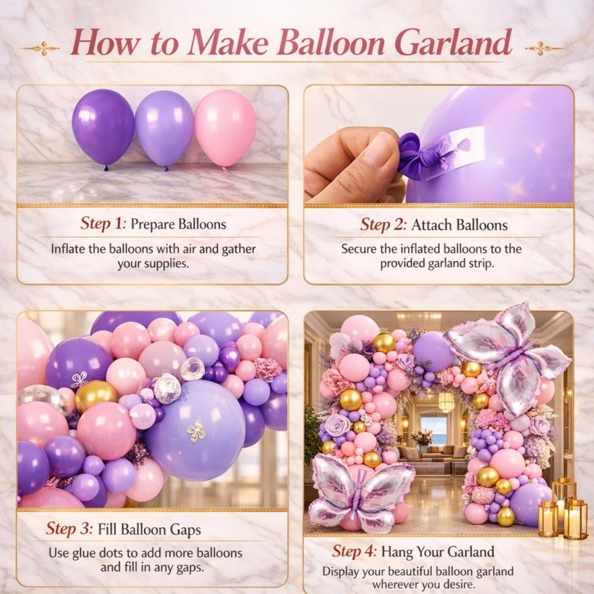 A four-step visual guide on how to assemble the DIY balloon garland, showing balloon inflation, attaching to the garland strip, using glue dots to fill gaps, and final display for an indoor party.