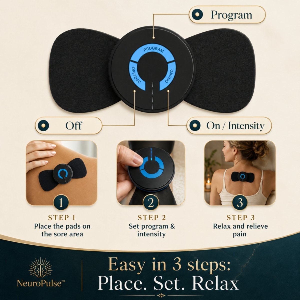 Step-by-step instructions showing how to place the adhesive pads, set the intensity program, and relax to relieve back muscle tension.