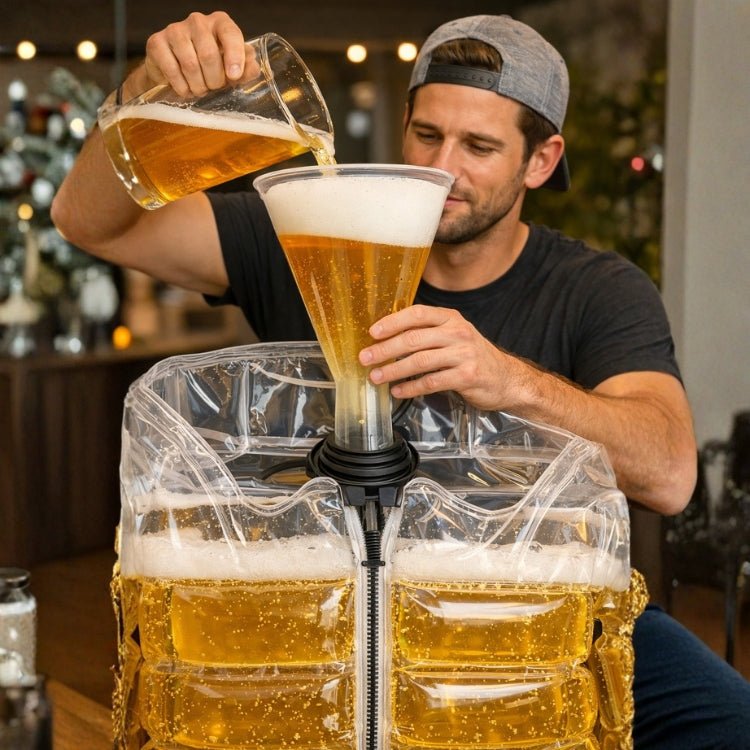 A man using a funnel to fill and prepare the Kouvr inflatable beer jacket for a party.