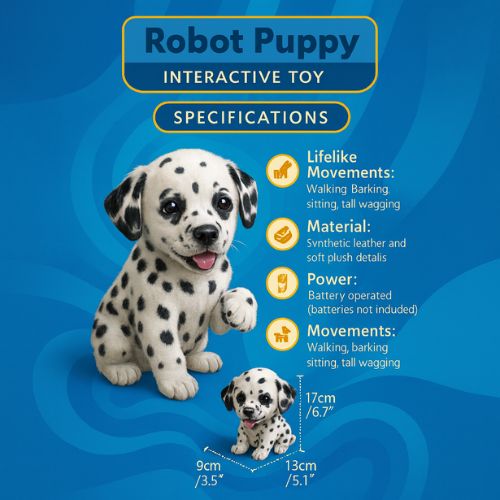 The interactive robot Dalmatian puppy in motion on a colorful playroom floor, lifting its paw to playfully interact with a blue building block toy.