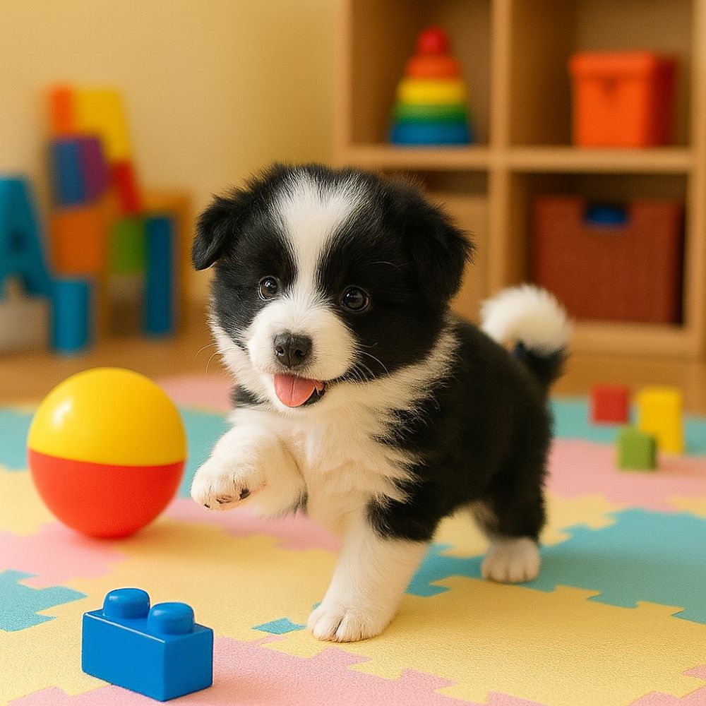 Black and white interactive electronic puppy toy walking on colorful play mat, with one paw raised, showcasing animatronic movement.