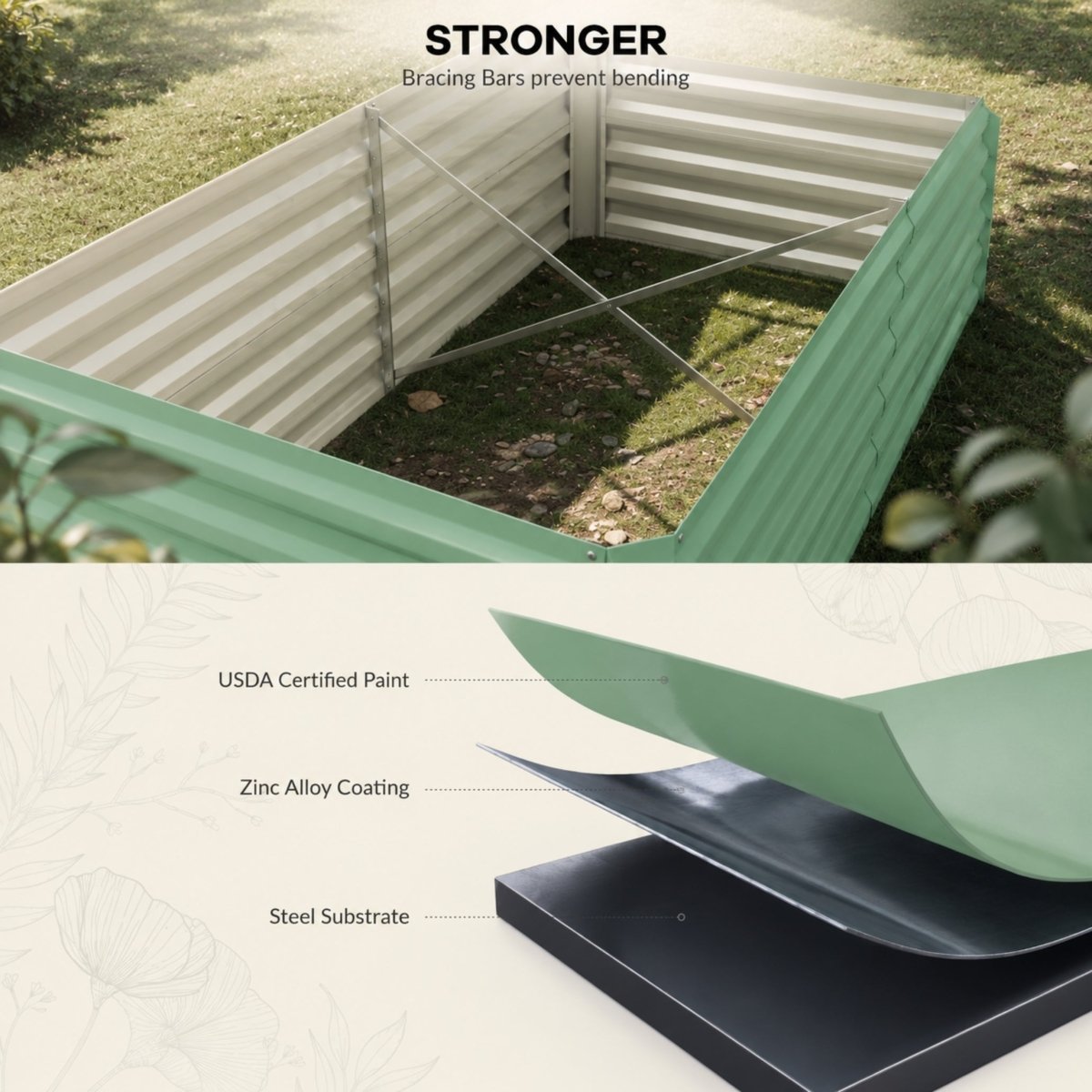 Close-up of internal bracing bars preventing bending, layered with USDA certified paint, zinc alloy coating, and steel substrate on the Kouvr garden bed.
