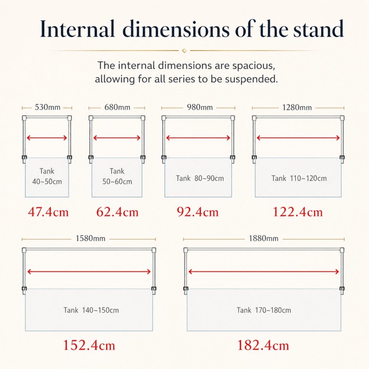 Detailed internal clearance dimensions for the Kouvr aquarium light suspension arch ensuring spacious fit for suspending all premium lighting series.