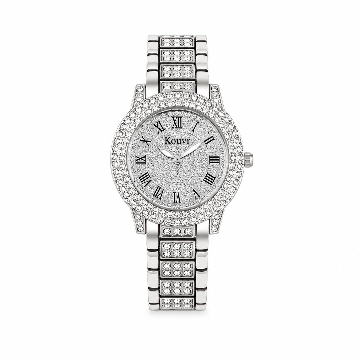 Studio shot of a silver tone women's luxury watch with full crystal pave face, crystal bezel, and silver metallic link band against a white background.
