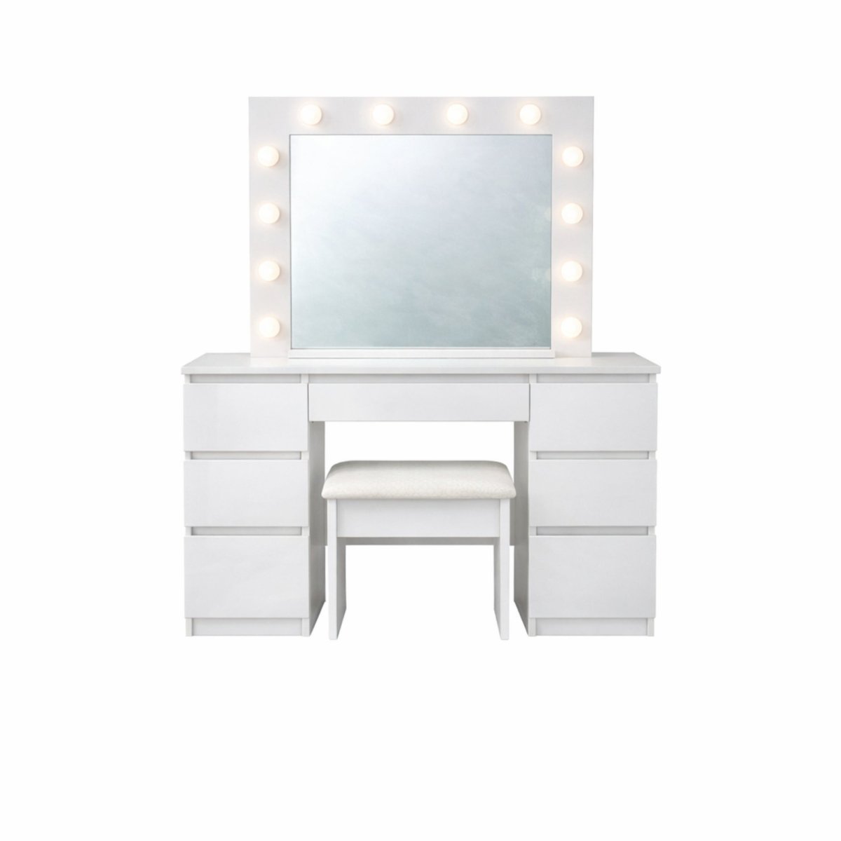Clear studio shot of a white vanity desk with lighted mirror, seven storage drawers, and matching padded stool on a seamless white background.