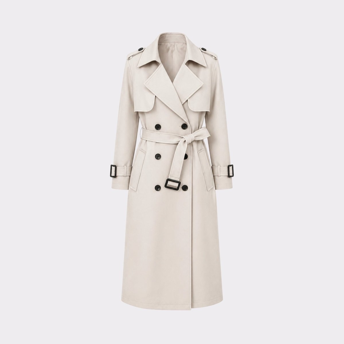Front detail product shot of a ivory double breasted trench coat showing contrasting dark buttons, notched lapels, and adjustable buckle belt.