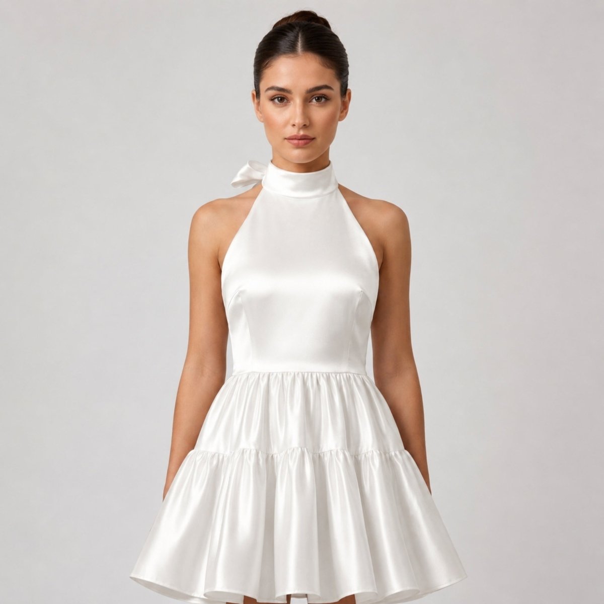 Close up portrait of a woman wearing a luxurious high neck white satin halter cocktail dress.