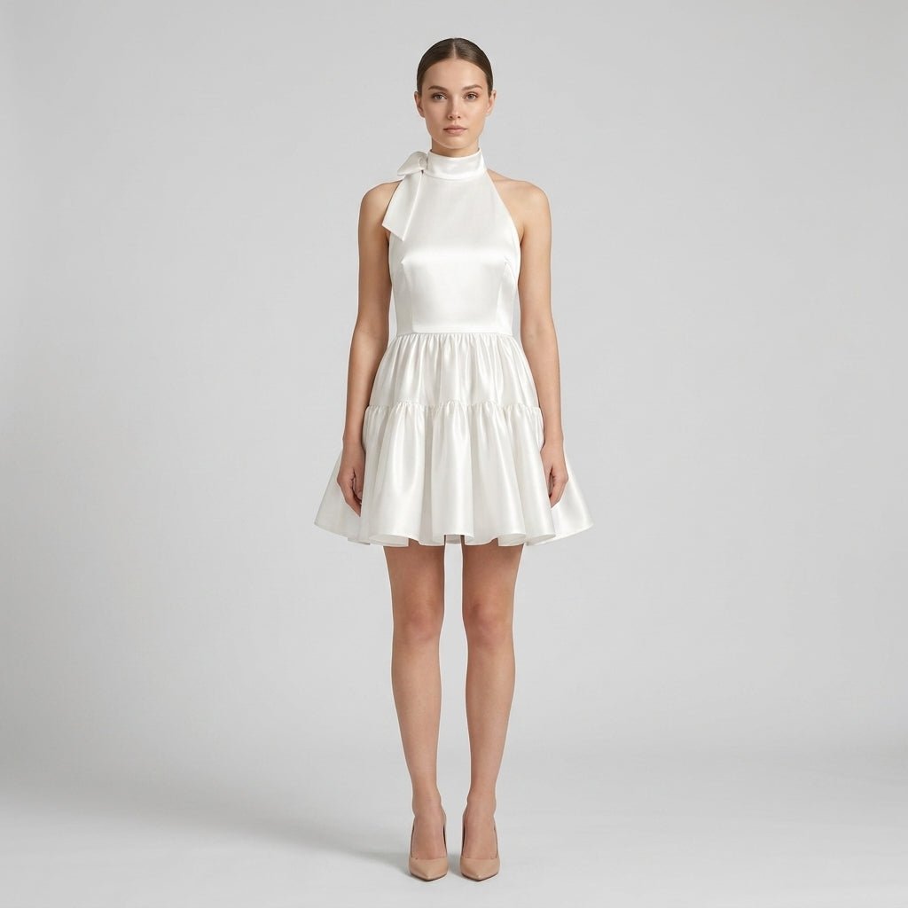 Front view of a female model wearing a white satin halter neck mini dress with a tiered ruffle skirt by Kouvr.
