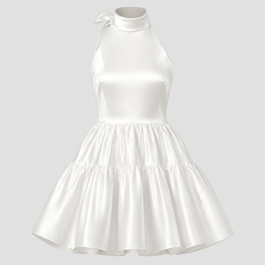 Ghost mannequin front view of a ivory sleeveless mini dress with a high halter neckline and tiered skirt.
