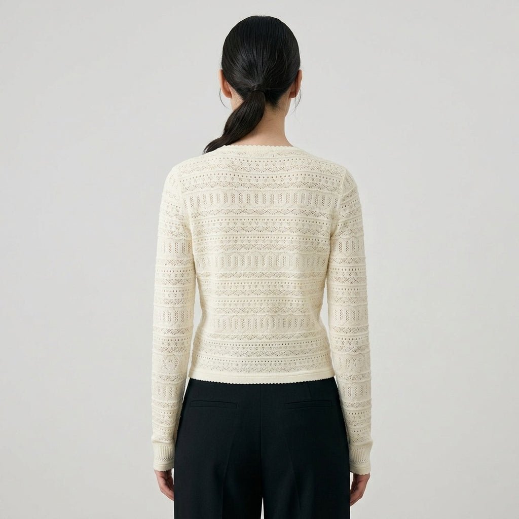 Women's ivory pointelle knit sweater back view showing intricate knit pattern