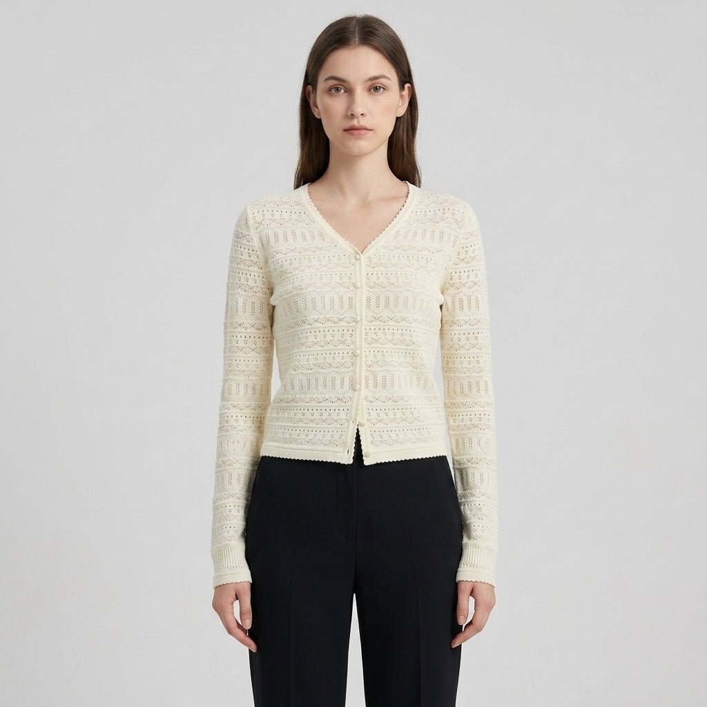 Model wearing fitted ivory pointelle knit button down cardigan sweater