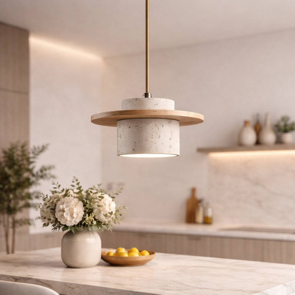 Three Kyoto Harmony terrazzo and wood pendant lights hanging over a modern marble kitchen island, showcasing minimalist Japandi interior design.