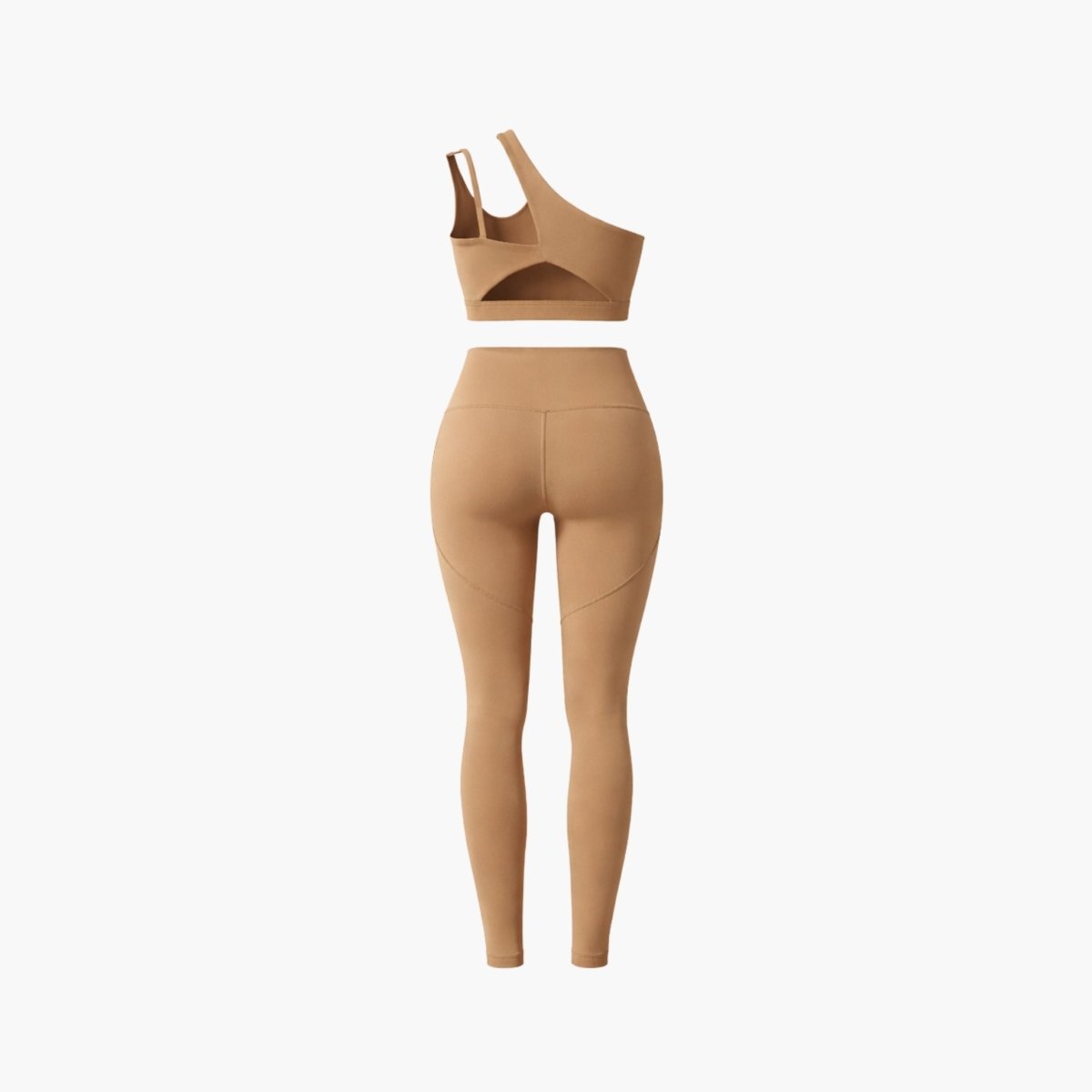 Back flat lay studio shot showing functional strap details and contour stitching of khaki matching workout set