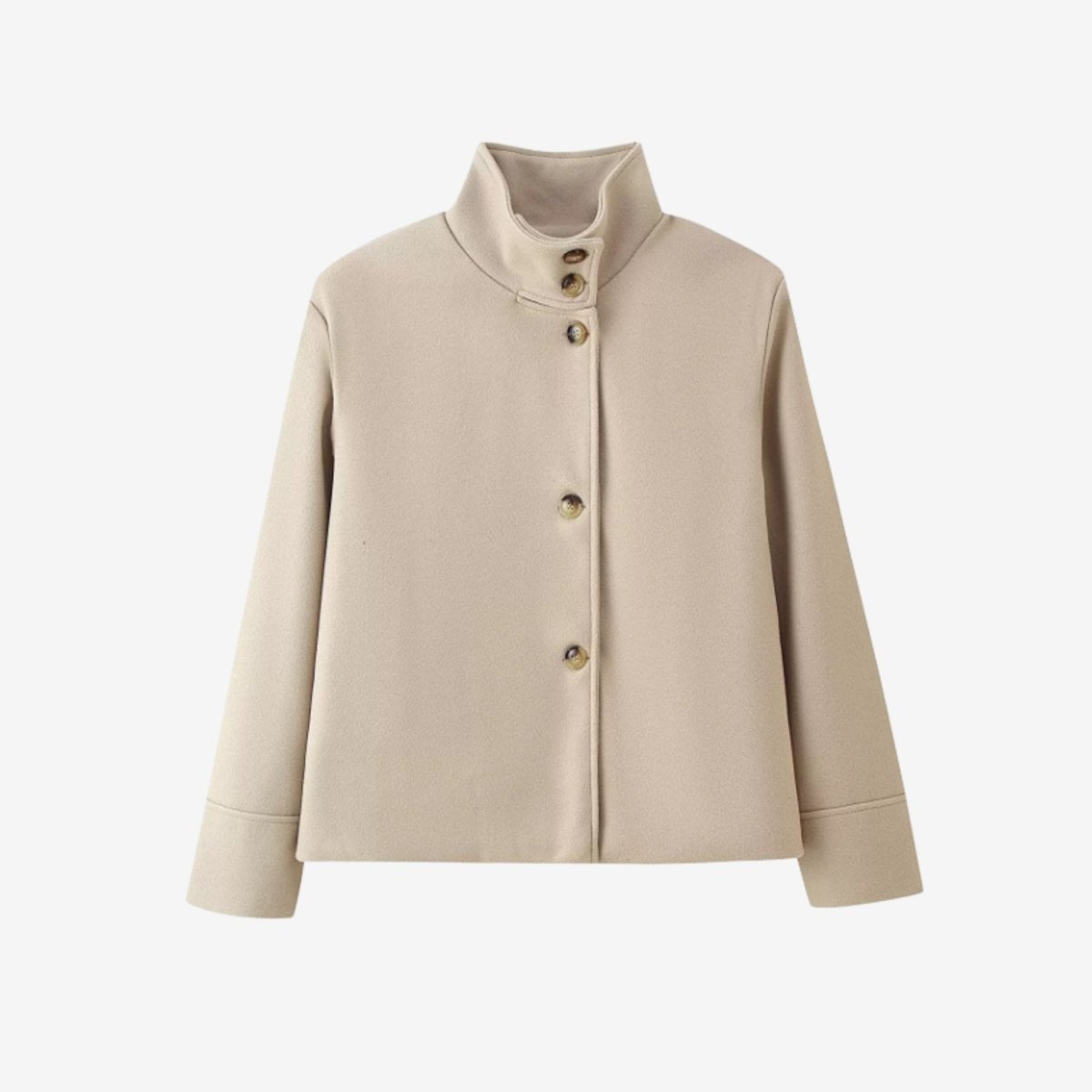 Flat lay product shot of the khaki wool button up cropped jacket featuring a stand collar.