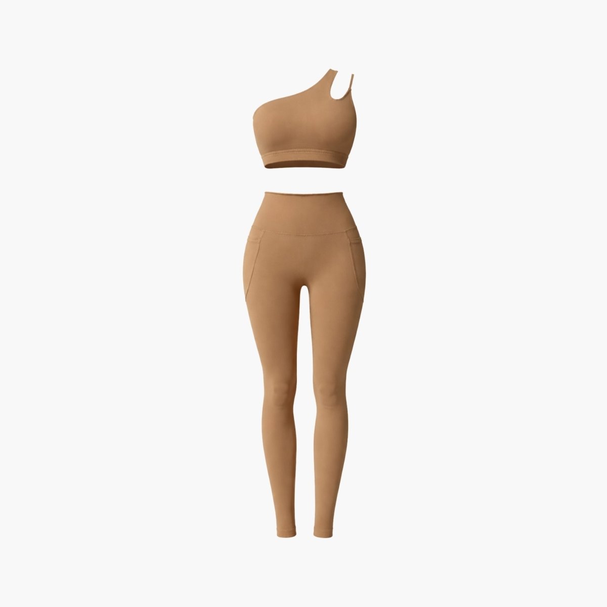Flat lay studio shot of tan two piece athleisure suit featuring front cutout sports bra and pocket leggings