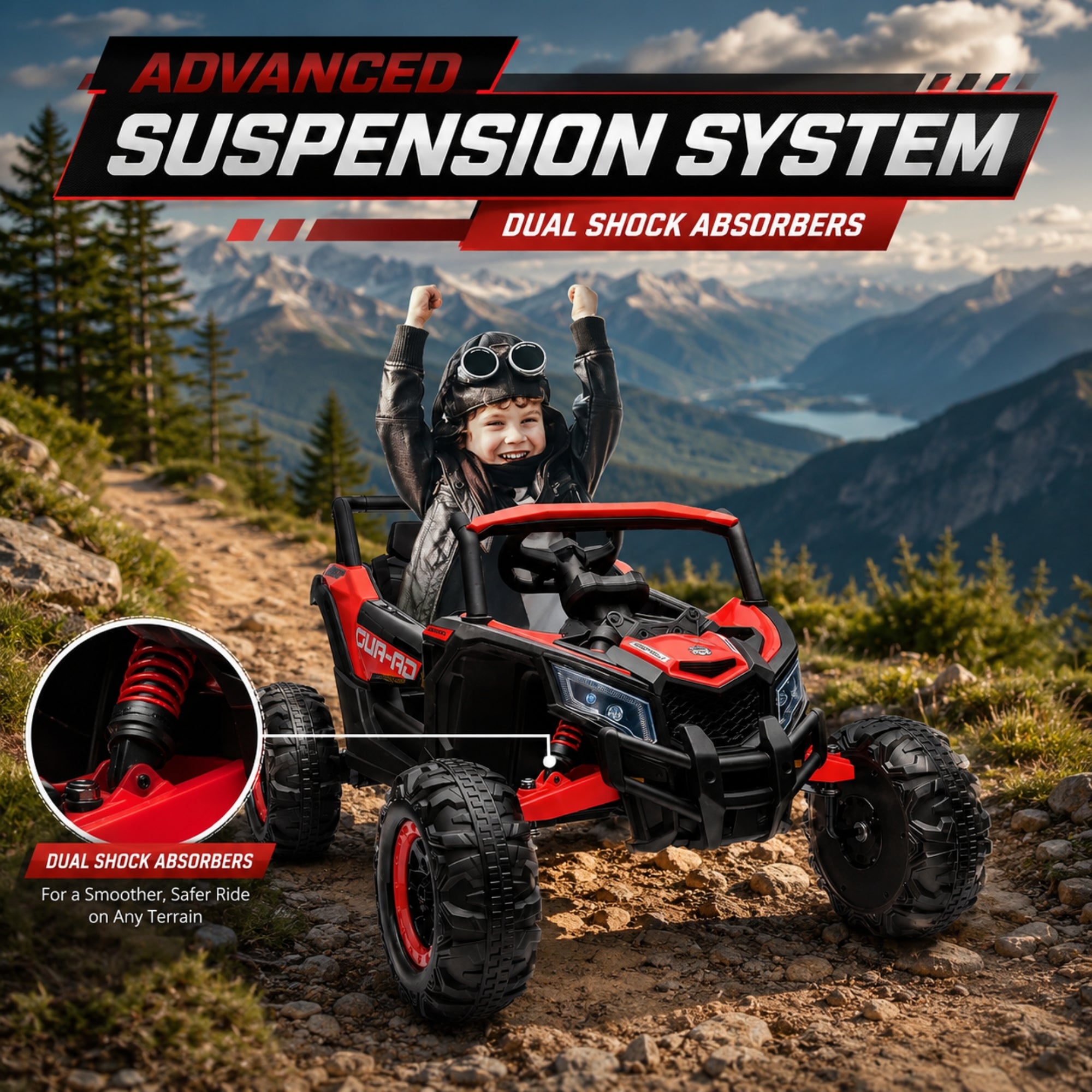 Product feature infographic showing a child in a leather jacket celebrating inside a red UTV, highlighting the advanced suspension system and dual shock absorbers for rough terrain.