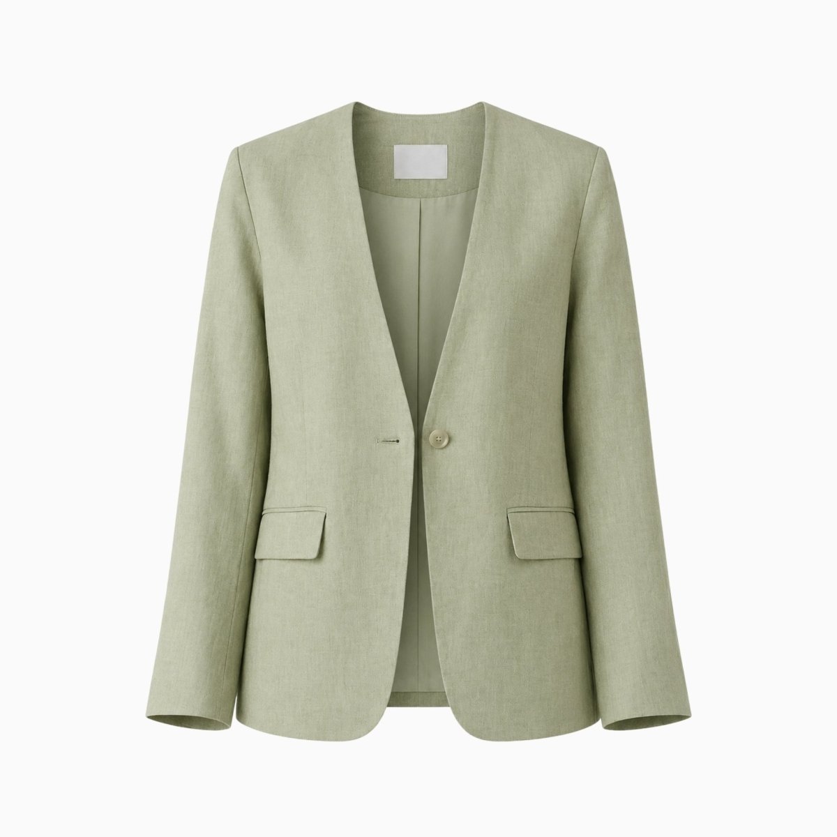 Flat lay of Kouvr single breasted green collarless blazer for women