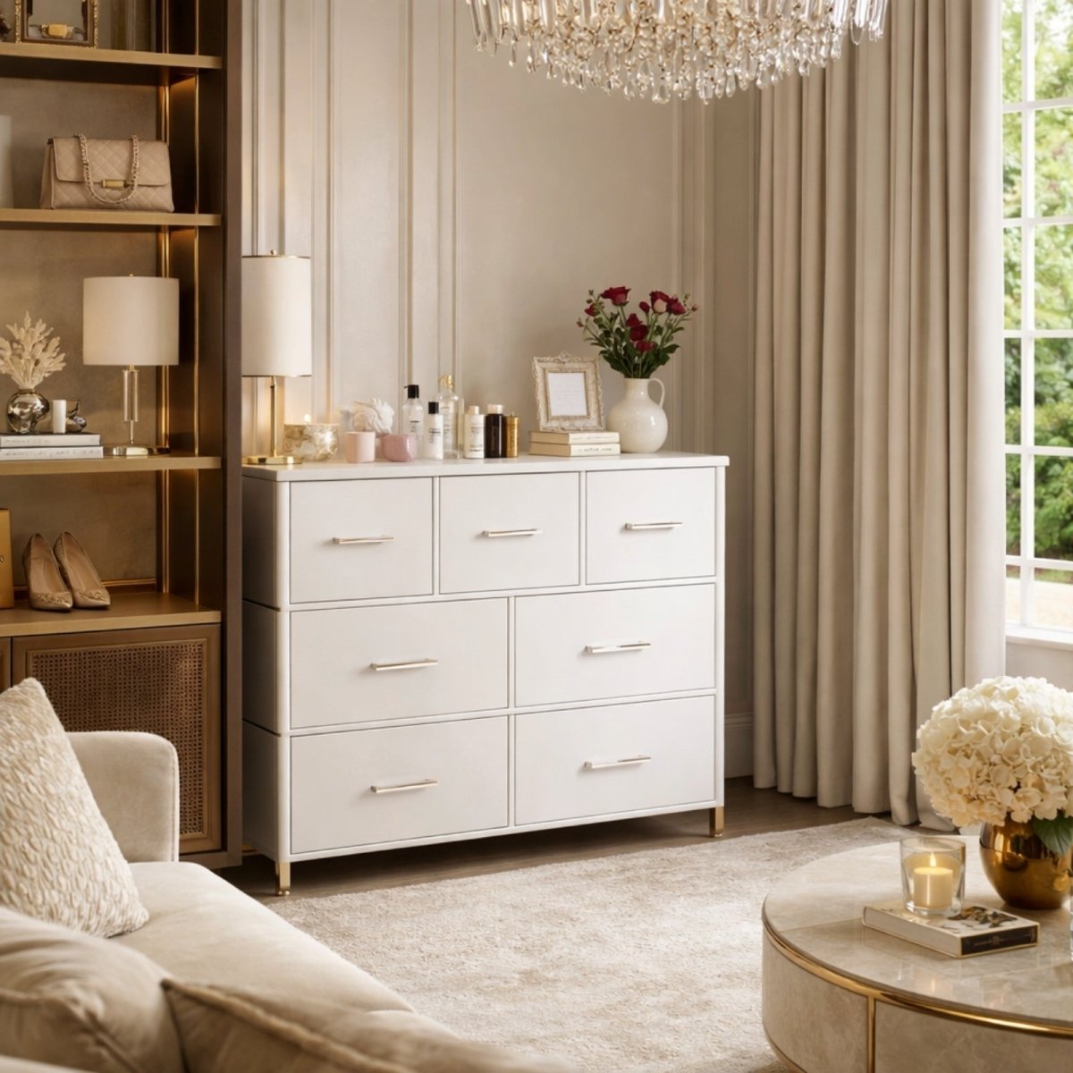 A wide view of the Kouvr white dresser in a luxurious bedroom setting next to a gold shelving unit and under a crystal chandelier.