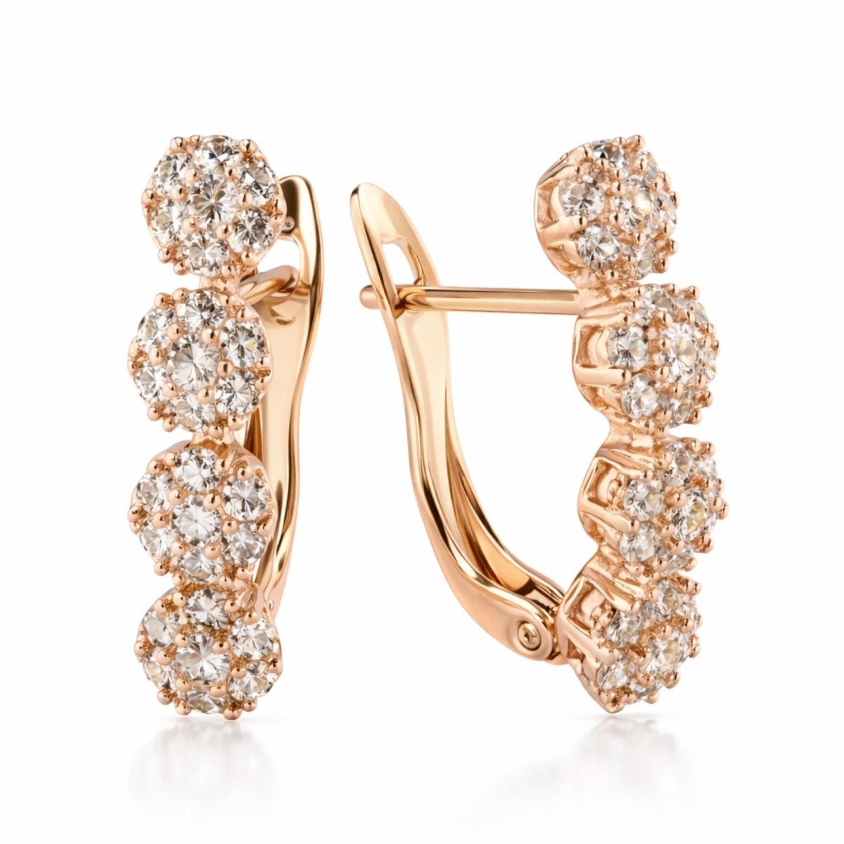 Pair of Kouvr 14k rose gold four-stone zircon cluster hoop earrings with a secure leverback clasp, shown on a clean white background.