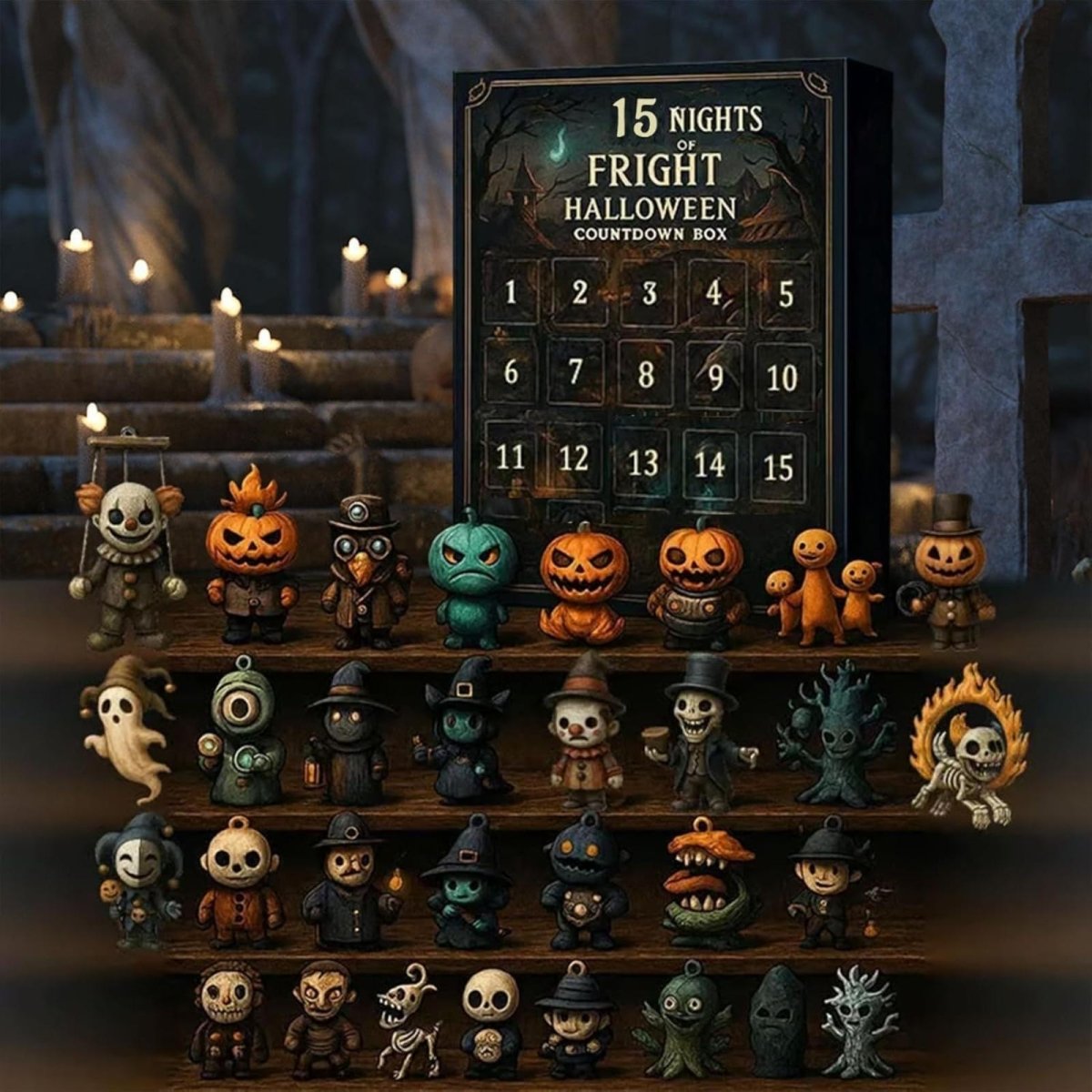 Kouvr 15 Nights of Fright Halloween Advent Calendar box shown behind two shelves displaying all 31 unique spooky toy figurines like ghosts, pumpkins, and skeletons.