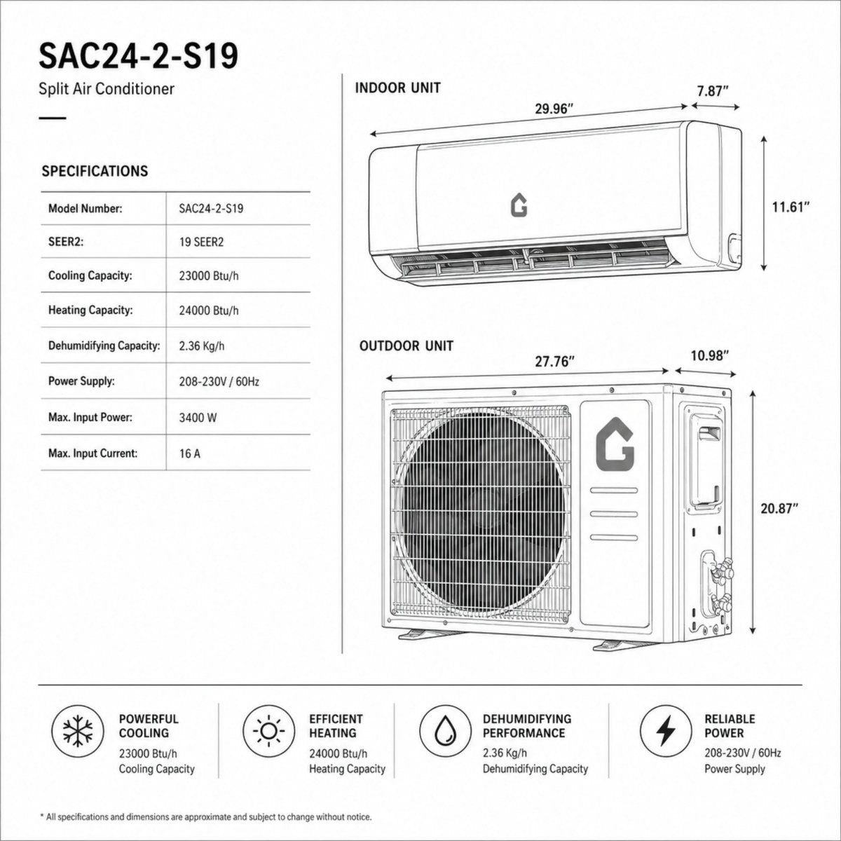Detailed technical specifications and dimensions for the Kouvr 24000 BTU 19 SEER2 mini split air conditioner and heat pump system.