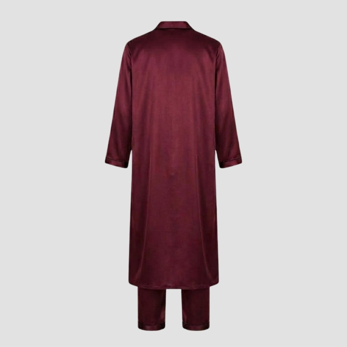 Back view flatlay of the Kouvr men's burgundy silk-satin robe and pajama set.