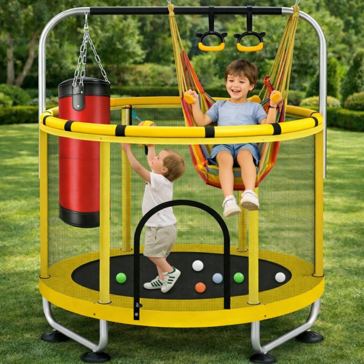 Young boy reaching for the safety bar on a yellow Kouvr 4-in-1 trampoline playset while another child laughs in the attached swing seat outdoors.