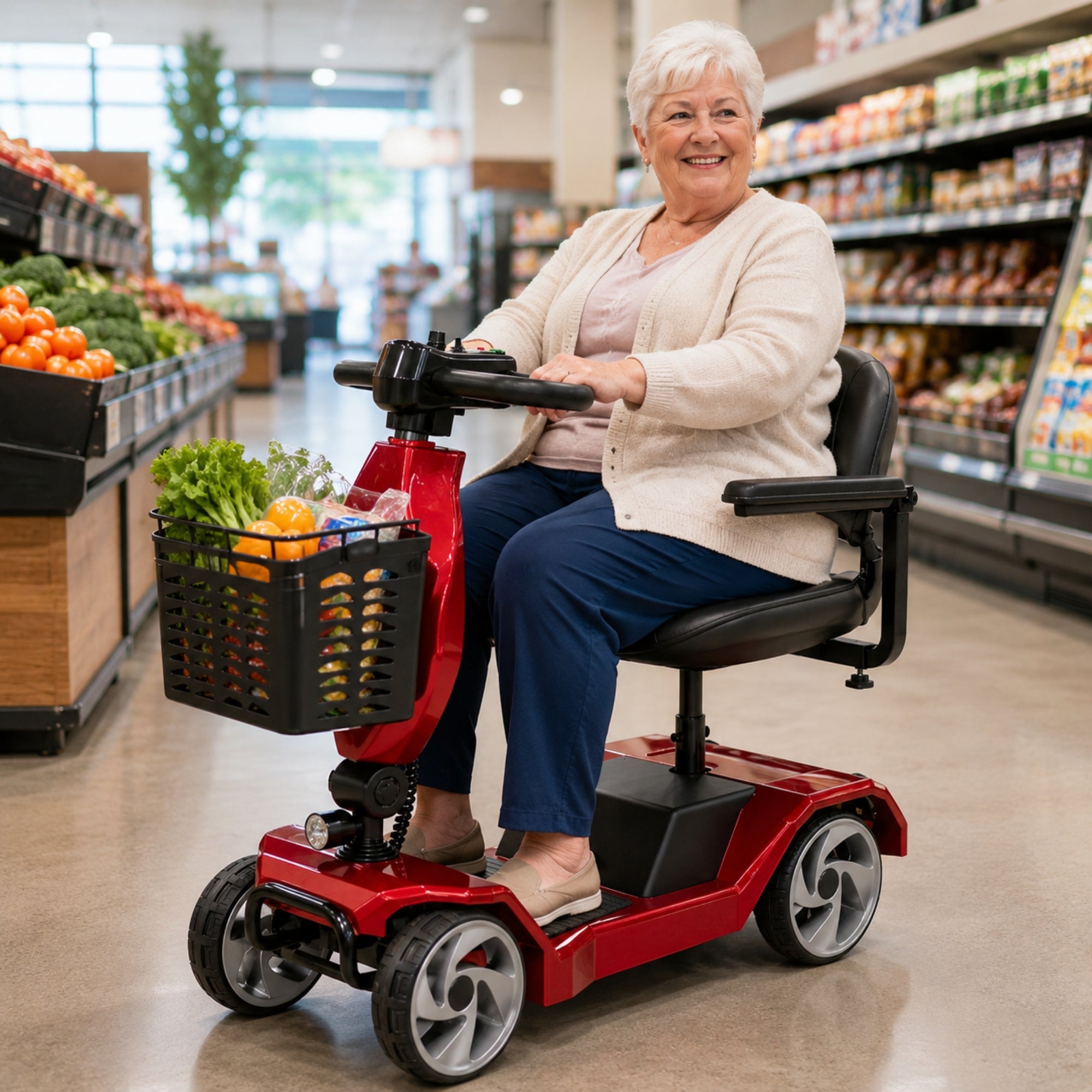 Kouvr 4-wheel lightweight red mobility scooter for adults with deluxe padded seat and black front mesh basket, seen at an outdoor entrance of a contemporary residential home.