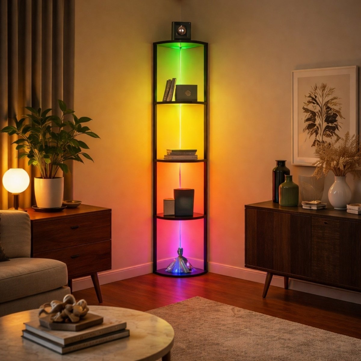 64-inch tall corner display rack with neon green LED lighting, perfect for gamer room setups and displaying collectibles.
 