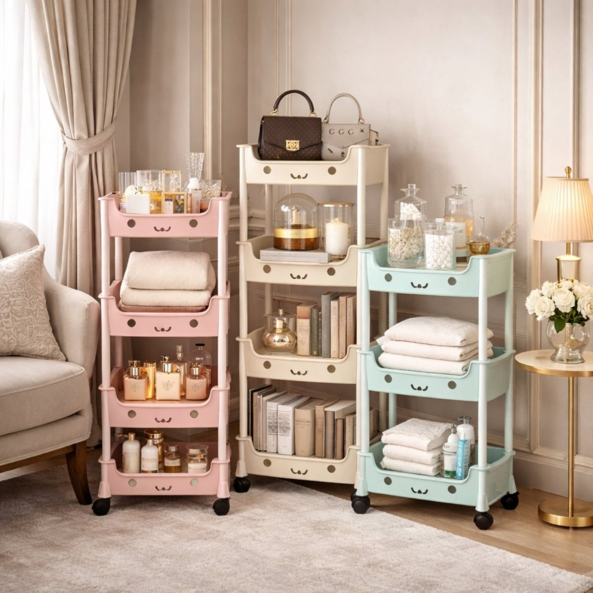 The 5-tier Curated Rover Cart in playful macaron colors by Kouvr, serving as a chic and practical nursery storage solution for toys and books.