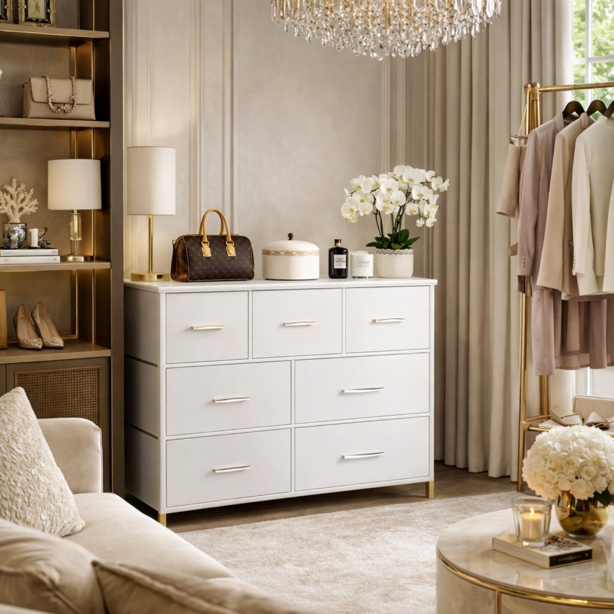 The Kouvr 7-drawer dresser used for organization in a chic dressing room with a Louis Vuitton bag and orchid on top.