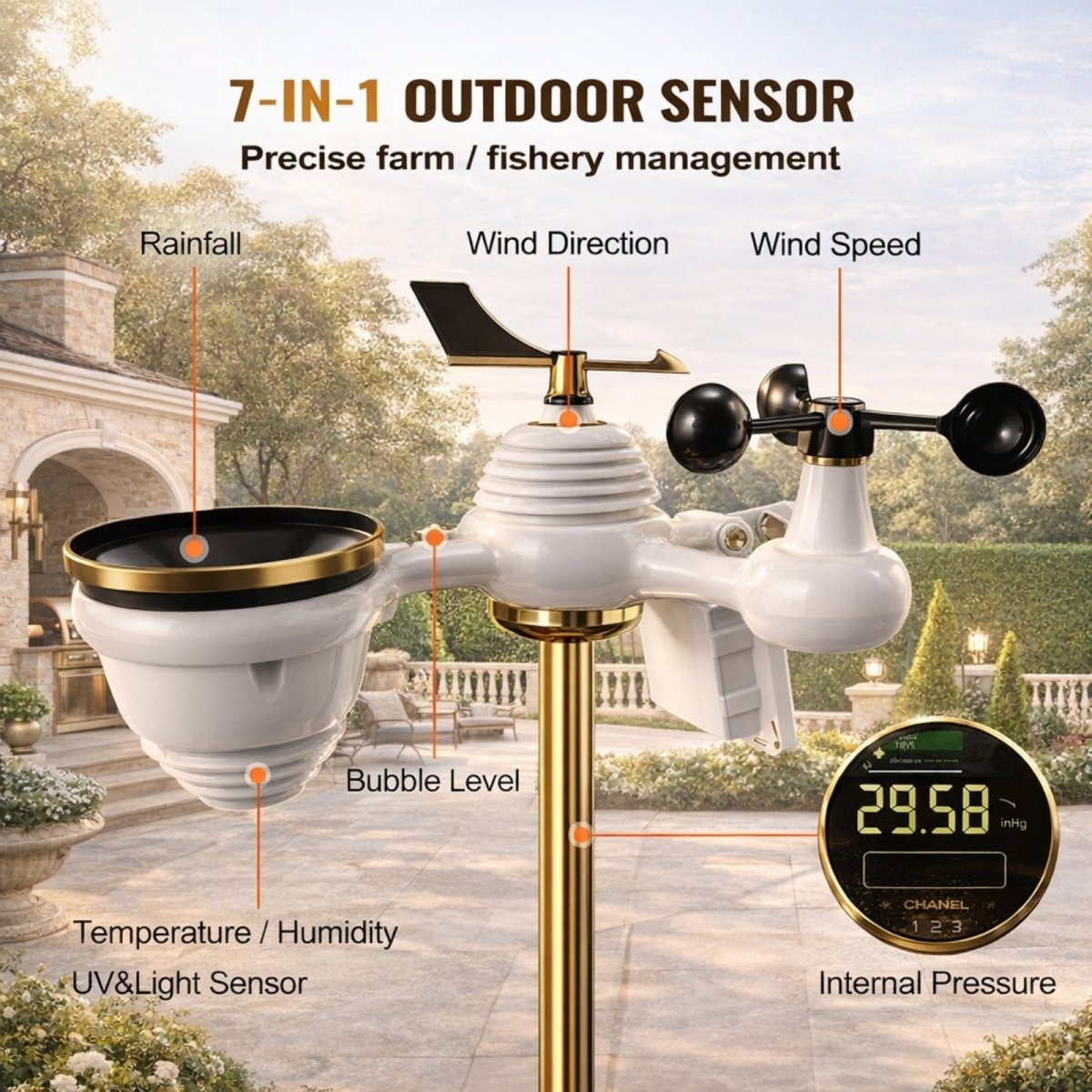 Detailed view of the Kouvr 7-in-1 outdoor weather sensor, highlighting the rain gauge, anemometer, wind vane, and temperature/humidity sensors for precise farm and home use.