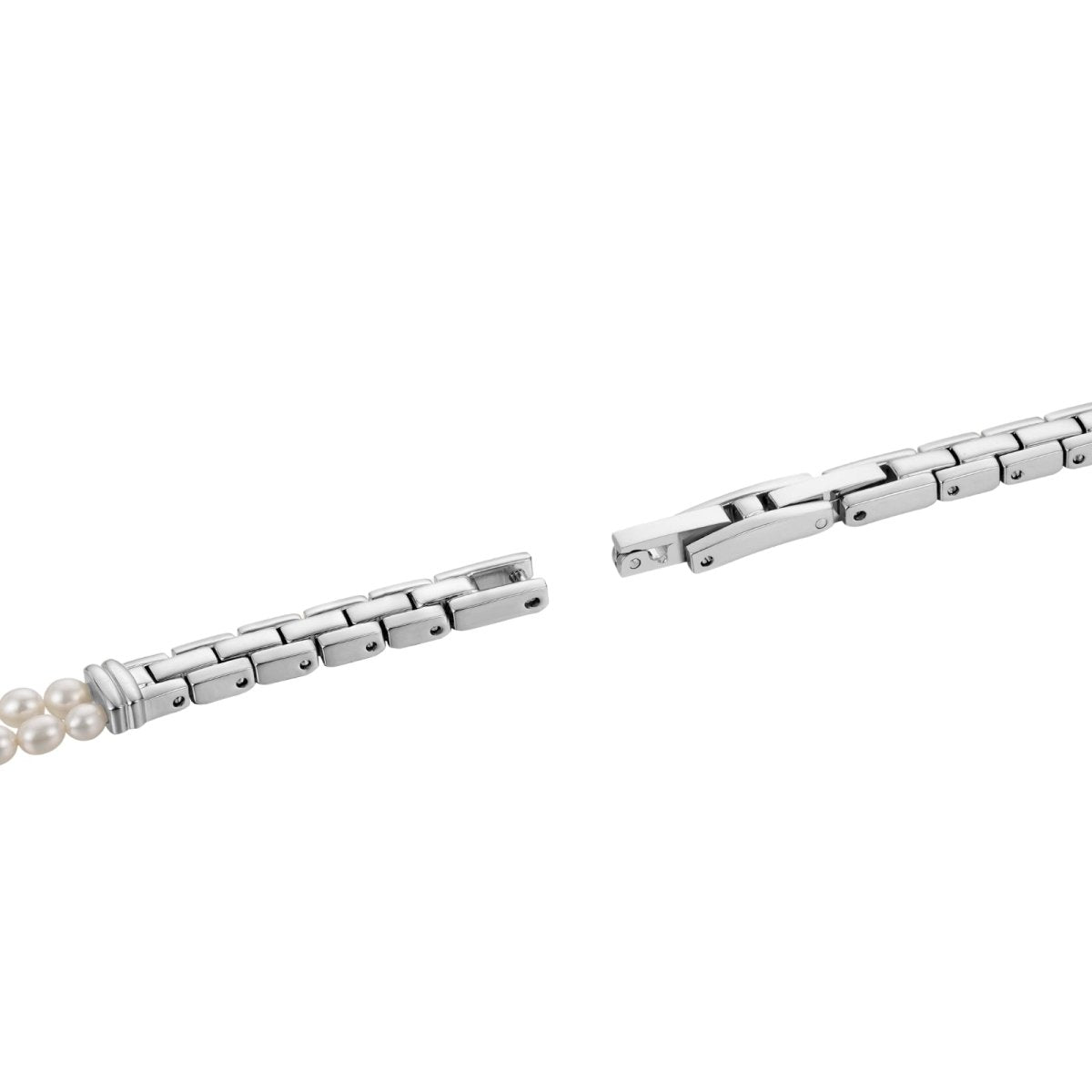 Silver kouvr bracelet with pearls on a white background