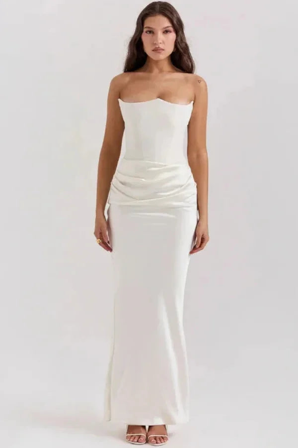 sculptural," "bodice," "silhouette," "boning," "crepe back satin," "floor-length," "architectural